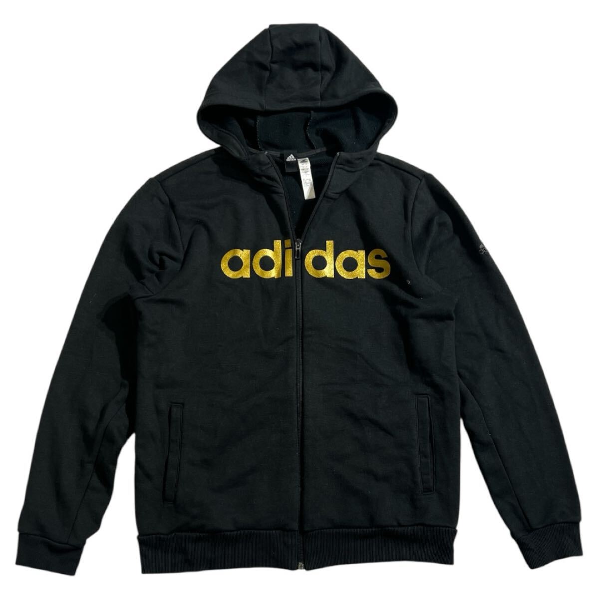 ■ adidas アディダス ■ 黒金 パフォーマンス ロゴ 刺繍 ジップアップ レーヨン混 スウェット パーカ ブラック L拍卖