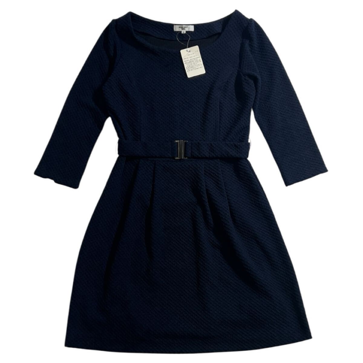 未着用 タグ付 ■ NATURAL BEAUTY BASIC ナチュラルビューティーベーシック ■ 腰ベルト付 ジャガード ワンピース ネイビー M拍卖