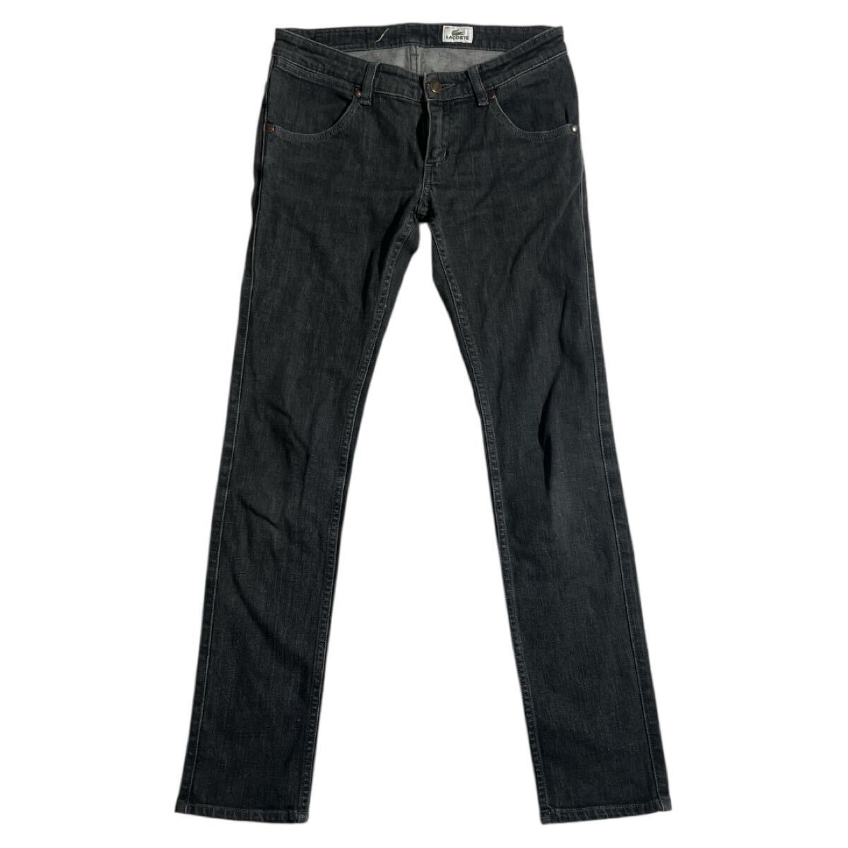 ■ LACOSTE ラコステ ■ ワニ ロゴ レザー パッチ ユーズド 色落ち加工 ストレッチ ブラックデニム 40拍卖