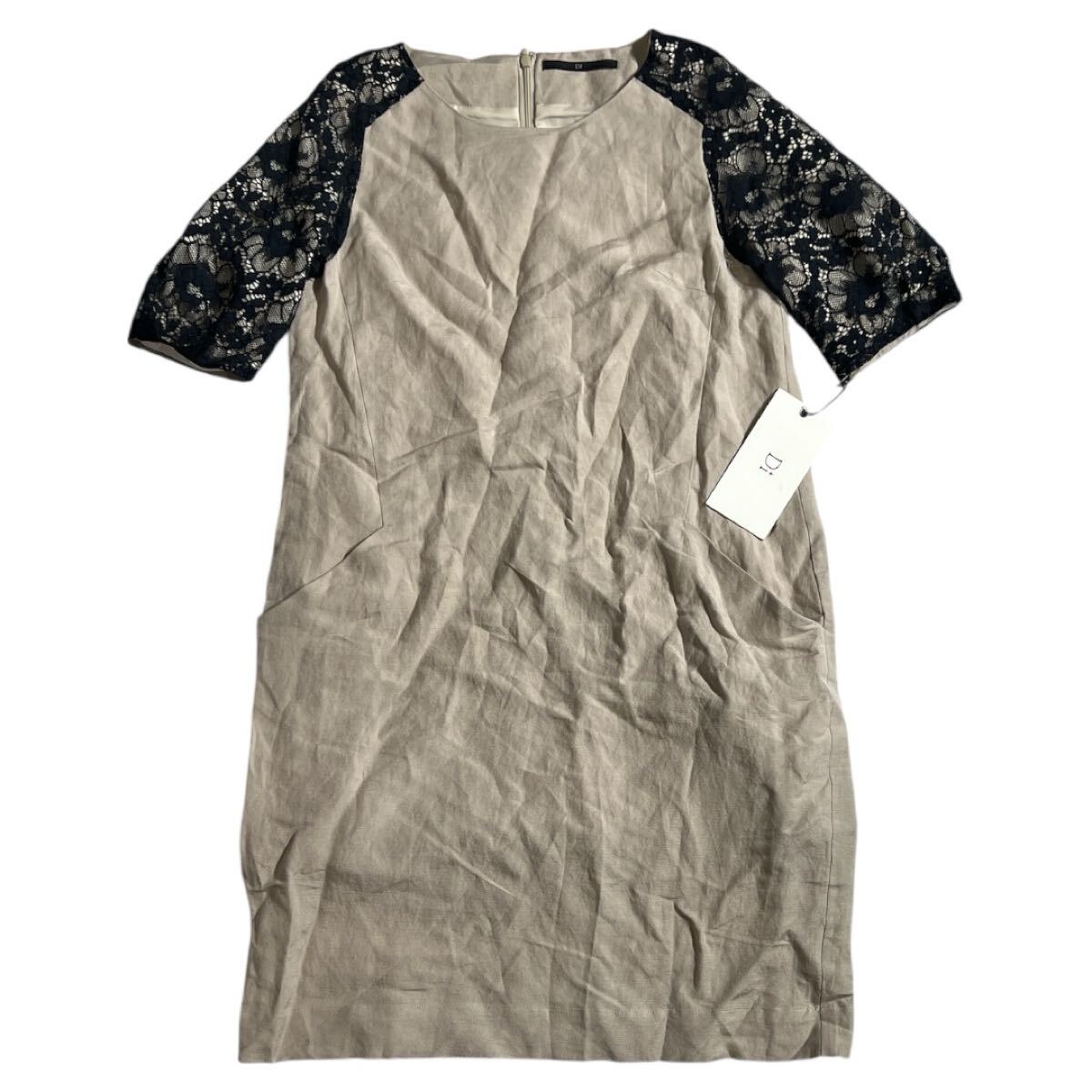 未着用 タグ付 定価 2.1万 ■ D1 ■ 袖 フラワー レース 切替 リネン&レーヨン チュニック ワンピース ベージュ×ブラック 2拍卖