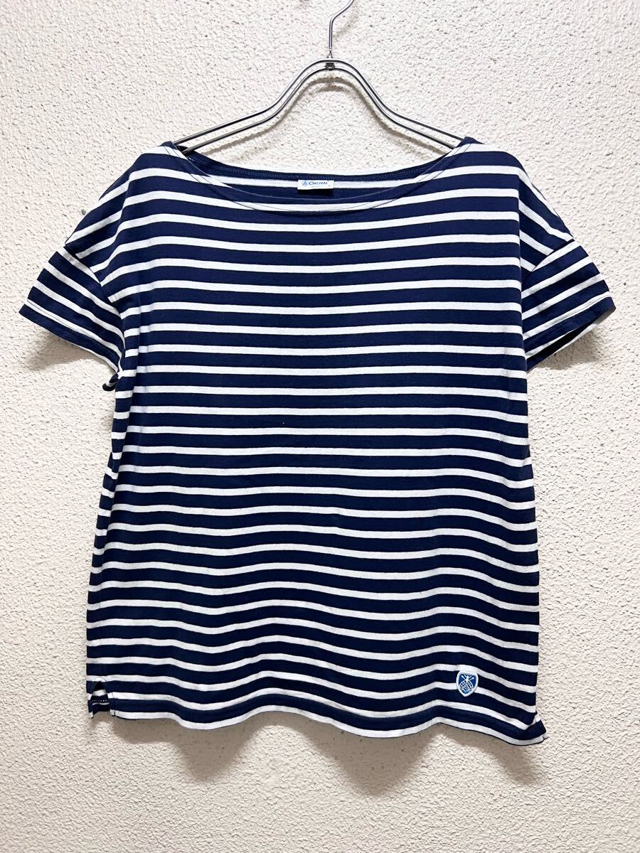 オーシバル ORCIVAL ボートネック ボーダー 半袖 カットソー ネイビーxホワイト拍卖