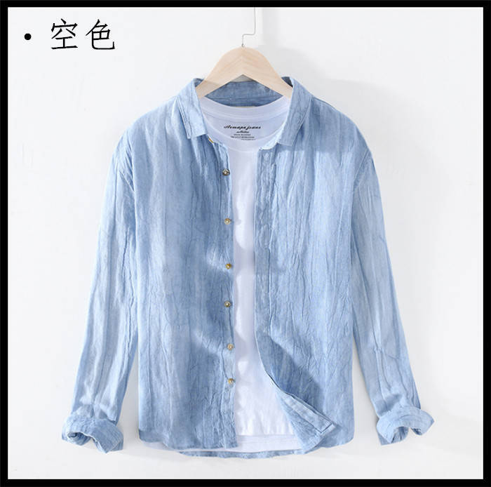 長袖シャツ リネンシャツ メンズシャツ ゆったり風 カジュアルシャツ 無地 シンプル 亜麻 トップス 春 夏 秋服 Zty-2208 空色 L拍卖