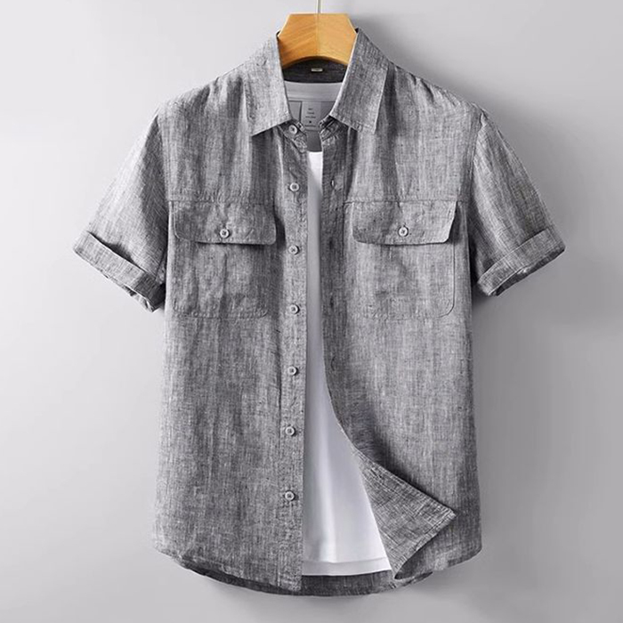 リネンシャツ メンズシャツ 半袖シャツ 麻シャツ 涼しい 亜麻素材 ショート丈 トップス 夏シャツ Zty-5000 グレー M拍卖