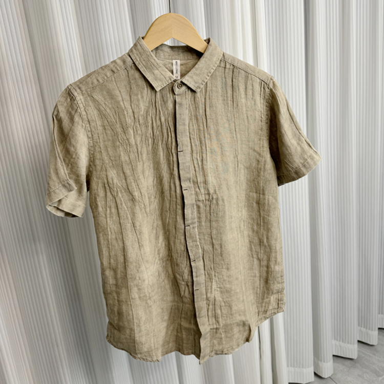 半袖シャツ リネンシャツ メンズシャツ 無地 シンプル カジュアルシャツ 亜麻シャツ 夏服 トップス Zty-1346 カーキ M拍卖