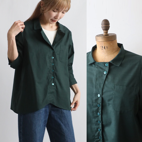 夏SALE 上質ギマ擬麻コットン 変形ラウンドヘム 裾 シャツ ジャケット 前開き 胸ポケット 緑R64拍卖