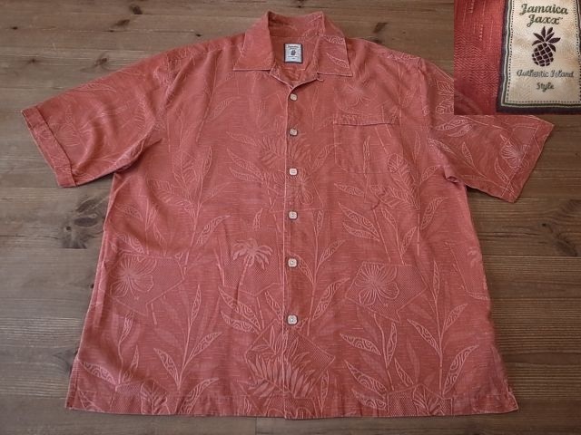 Jamaica Jaxx 100% シルク 絹 赤茶 単色 総柄 半袖 開襟 オープンカラー アロハ シャツ アメリカ古着 サイズ L拍卖