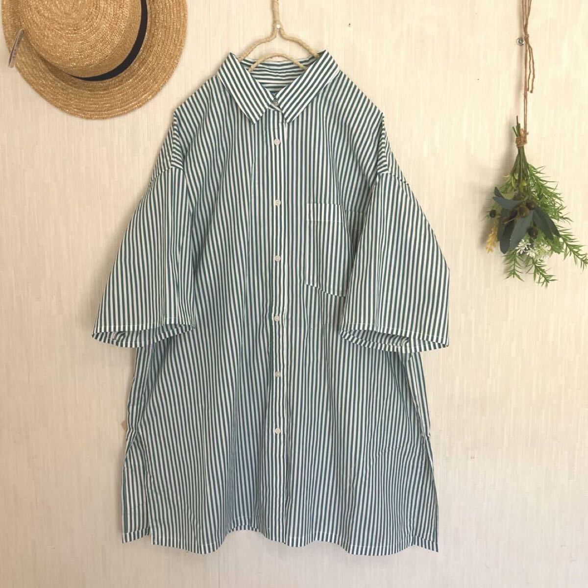 新品★サマンサモスモス★sm2★人気定番*ストライプ*シャツチュニック*羽織ブラウス*グリーン拍卖