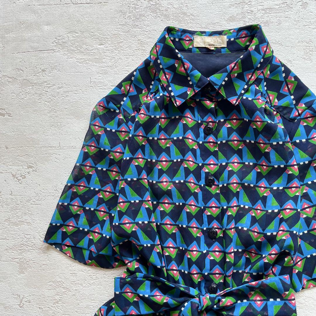 昭和レトロパターン柄半袖ロングワンピース総柄腰紐付きネイビー9号F3拍卖