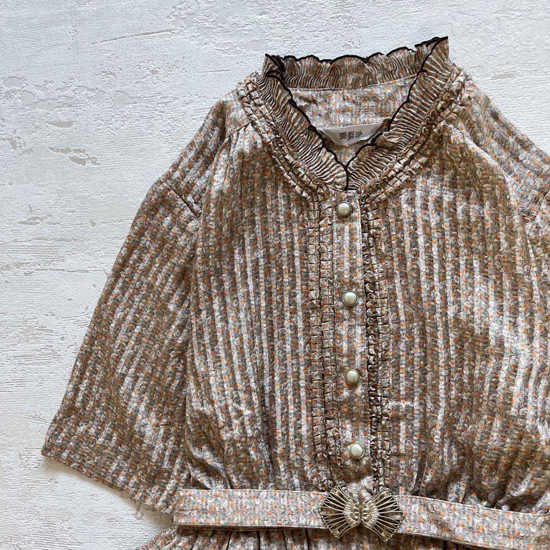 昭和レトロパターン柄半袖ロングワンピースフリルネック透け素材ブラウン11号D拍卖