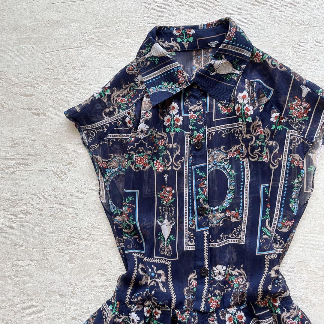 昭和レトロ花柄ノースリーブワンピース 透け素材ネイビー9号P1拍卖