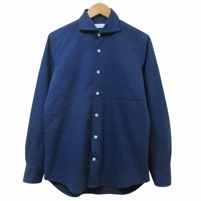 バーニーズニューヨーク BARNEYS NEW YORK ジャガードシャツ 長袖 ホリゾンタルカラー M 紺 ネイビー X メンズ拍卖