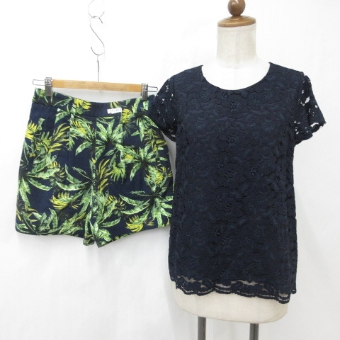 シップス マカフィー トゥモローランド ブラウス ショートパンツ 2枚セット 半袖 丸首 レース リーフ柄 紺 緑 34拍卖