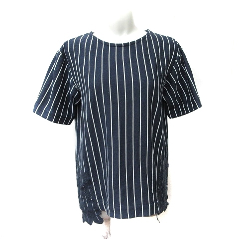 ハッシュアッシュ HusHusH チュニック トレーナ レース ストライプ 半袖 3 M~L 紺 ネイビー /YI レディース拍卖