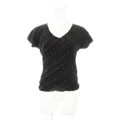 アルマーニ コレツィオーニ カットソー Vネック 半袖 ベロア ストレッチ なみなみ ストライプ 40 M 黒 ブラック /AH7 ■GY17拍卖