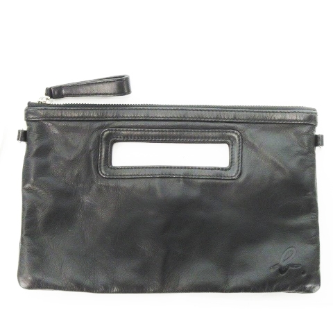 未使用品 アニエスベー ボヤージュ Agnes b. VOYAGE クラッチバッグ ハンドバッグ レザー 牛革 型押しロゴ 黒 ブラック /AH24拍卖