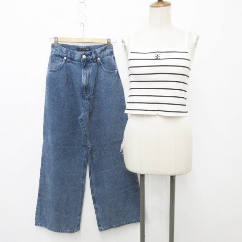 未使用品 ヘザー Heather チコ Chico パンツ キャミソール 2枚セット ワイド ロング ハイウエスト デニム ボーダー ブルー ベージュ 黒 S F拍卖