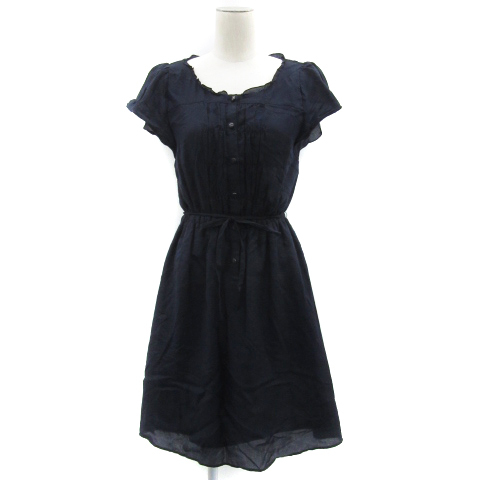 エフデ ef-de ワンピース ひざ丈 半袖 ラウンドネック フリル リボンベルト付き 7 紺 ネイビー /YS15 レディース拍卖