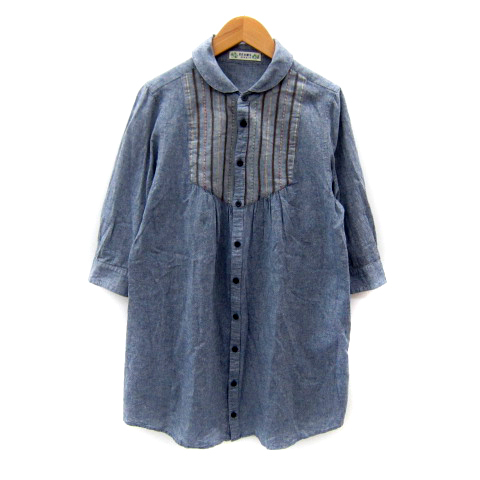 ビームスハート BEAMS HEART ブラウス シャツ ロング丈 七分袖 ラウンドカラー 刺繍 青 ブルー /SY47 レディース拍卖