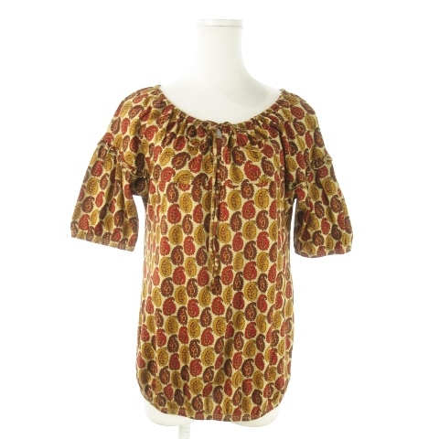 マックスマーラ ウィークエンドライン カットソー ラウンドネック 五分袖 ストレッチ リボン ギャザー フリル ペイズリー柄 総柄 M 茶拍卖