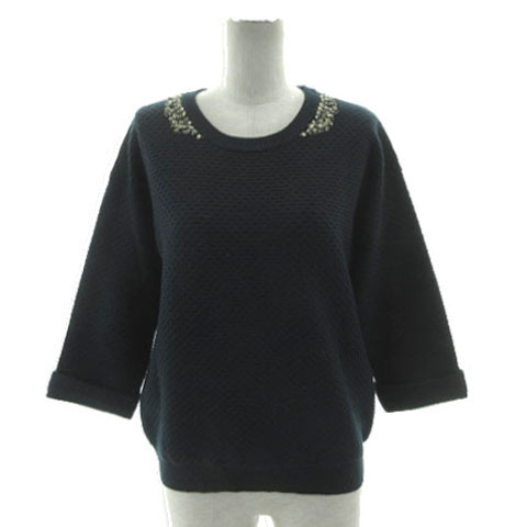 A DAY IN THE LIFE UNITED ARROWS ユナイテッドアローズ ハニカムニット セーター ビジュー ビーズ 七分袖 袖ダブル ウール混 紺系拍卖