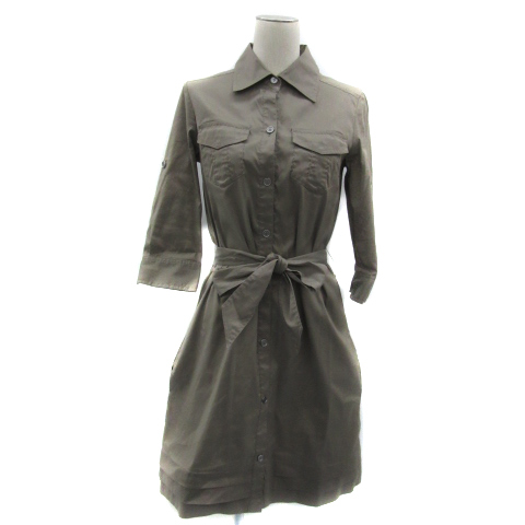 ルスーク Le souk シャツワンピース ひざ丈 七分袖 無地 リボンベルト付き 36 S カーキ /YS16 レディース拍卖