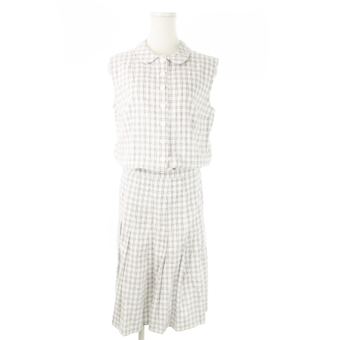 アニエスベー agnes b. セットアップ 2点セット シャツ ノースリーブ ひざ丈スカート チェック 総柄 38 M 白 ホワイト /AO14 ■GY43拍卖