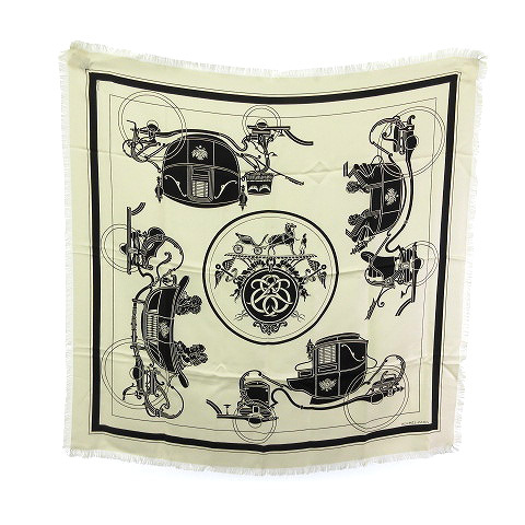 エルメス HERMES カレ80 スカーフ EX-LIBRIS フリンジ エクスリブリス 馬車 シルク100 アイボリー レディース拍卖
