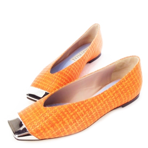 エミリオプッチ EMILIO PUCCI パンプス フラット スクエアトゥ 天然素材 メタルプレート 36.5 23.5cm オレンジ /CK24 ■GY19拍卖