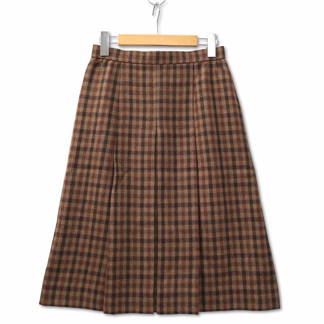 日本製 チェック柄 ボックスプリーツ ミモレ ウールスカート ブラウン 13号 (XL) レディース拍卖