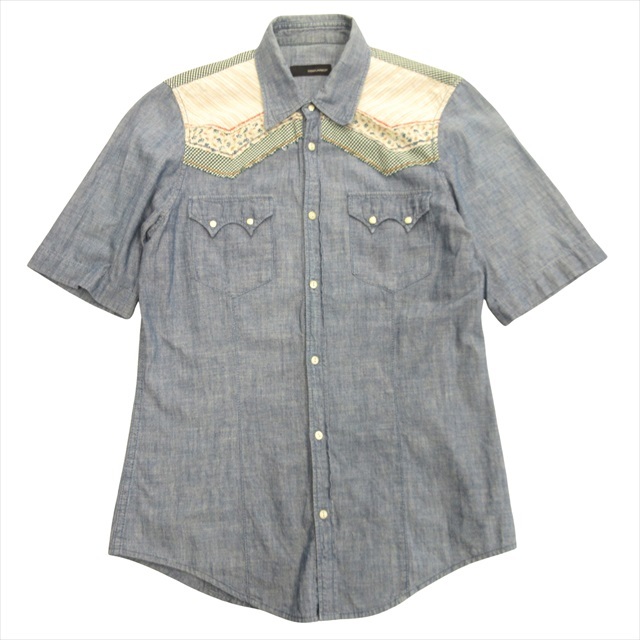 06ss ディースクエアード DSQUARED2 パッチワーク シャンブレー ウエスタン シャツ カットソー 半袖 チェック 花柄 48 インディゴ メンズ拍卖