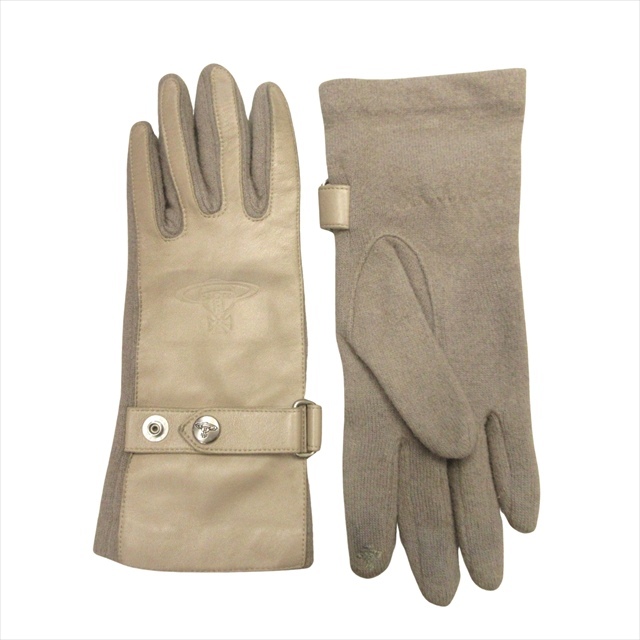 ヴィヴィアンウエストウッド Vivienne Westwood オーブ レザー ニット グローブ 手袋 ロゴ 革 茶 ブラウン レディース◆7拍卖