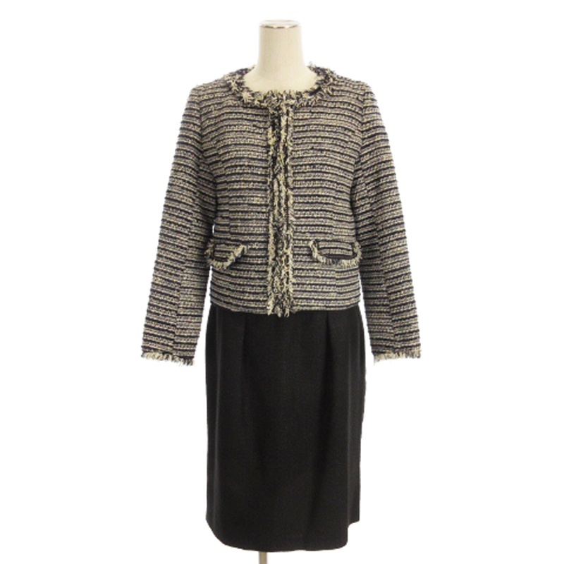 エージー AG オペーク ドット クリップ OPAQUE.CLIP 良品 セットアップ スーツ ノーカラー ジャケット ツイード スカート ひざ丈 紺 黒 ネ拍卖