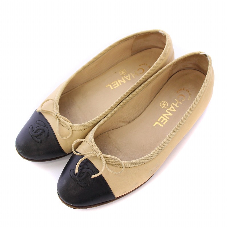 シャネル CHANEL パンプス ラウンドトゥ ローヒール レザー ココマーク リボン バイカラー 35 ベージュ 黒 ブラック /BB レディース拍卖