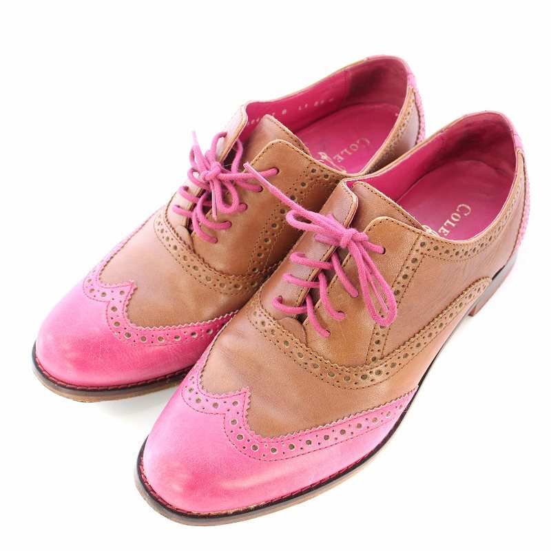 コールハーン COLE HAAN レースアップシューズ ローカット ローヒール ウイングチップ バイカラー レザー 7 茶 ブラウン ピンク拍卖
