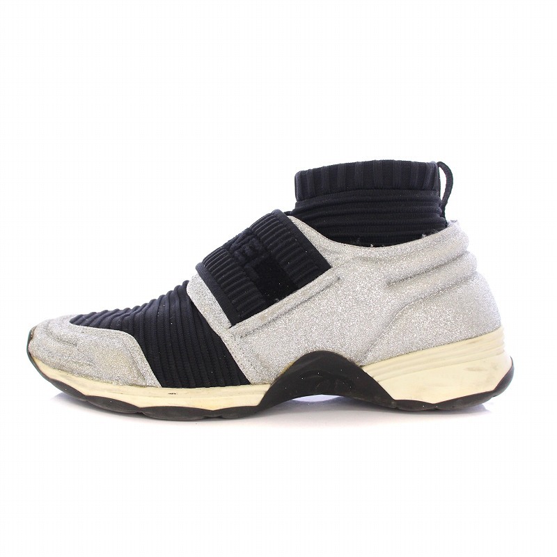シャネル CHANEL ソックススニーカー ハイカット シューズ ラメ 切替 ロゴ 24cm 黒 ブラック シルバーカラー /BB レディース拍卖