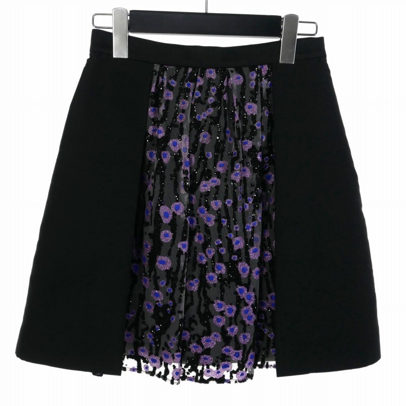 カルヴェン CARVEN Floral Skirt ミニスカート チュール ビーズ レオパード 34 ブラック 黒 レディース拍卖