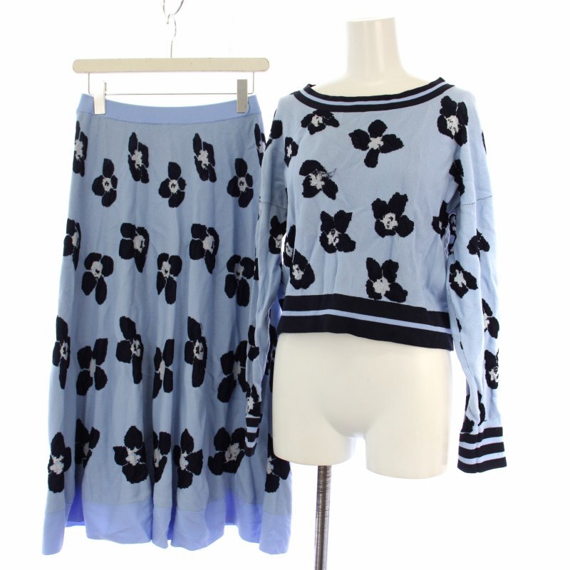 グレースコンチネンタル GRACE CONTINENTAL フラワーニットジャガードトップ 長袖 スカート ミモレ丈 ロング 花柄 36 水色 紺 レディース拍卖