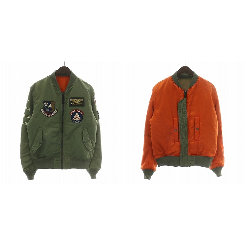 AVIREX MA-1 フライトジャケット ブルゾン リバーシブル ナイロン 中綿 ジップアップ ロゴ 刺繍 ワッペン M カーキ オレンジ 6172103拍卖