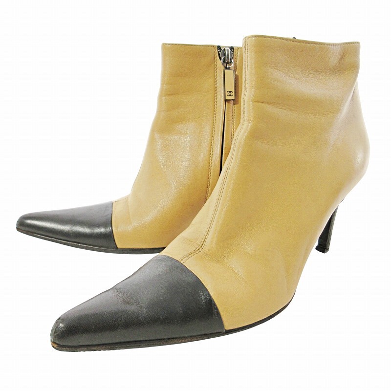 シャネル CHANEL バイカラー ショートブーツ ポインテッドトゥ レザー サイドジップ ココマーク ピンヒール 36.5 23.5cm ベージュ拍卖