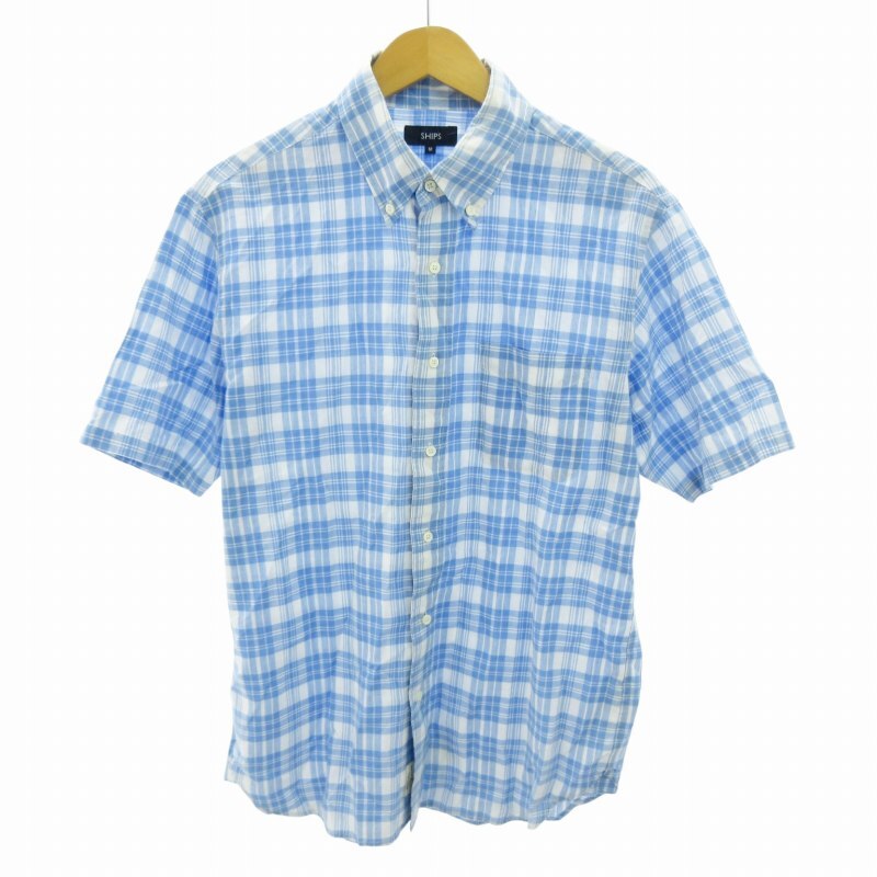 シップス SHIPS ボタンダウン BDシャツ チェック柄 半袖 M 白 青 ホワイト ブルー 0710 メンズ拍卖