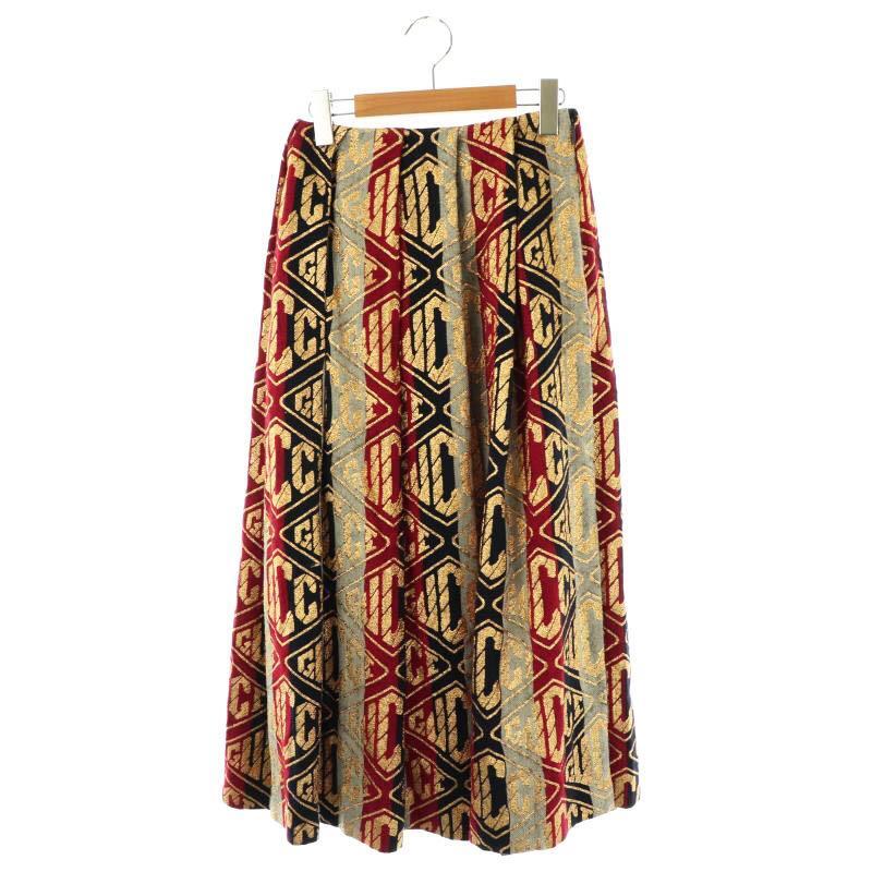 グッチ GUCCI 524386 ゲームロゴ ジャガード タックスカート フレアスカート ラメ メタリック 36 レッド マルチカラー /ES レディース拍卖