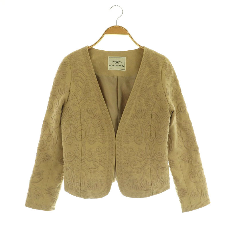 グレースコンチネンタル GRACE CONTINENTAL ノーカラージャケット 刺繍 総柄 36 ベージュ /MY ■OS レディース拍卖