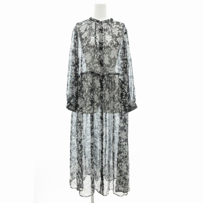 ダーマコレクション dama collection シアーシャツワンピース ロング 長袖 花柄 バンドカラー 絹 シルク LL 黒 ブラック 12961-04818拍卖