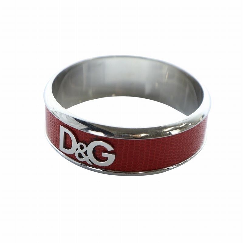 ディー&ジー ドルガバ ドルチェ&ガッバーナ D&G バングル ブレスレット アクセサリー 型押しレザー ロゴ 赤 レッド シルバー色拍卖
