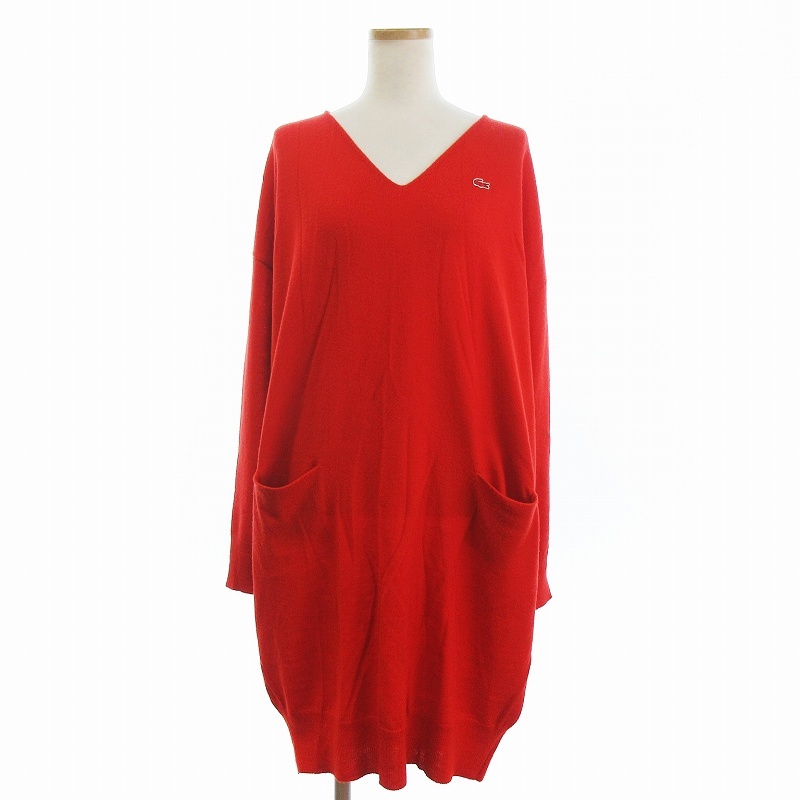 ラコステ LACOSTE ニットワンピース ひざ丈 Vネック 長袖 ポケット ワンポイント ウール 赤 レッド 40 レディース拍卖