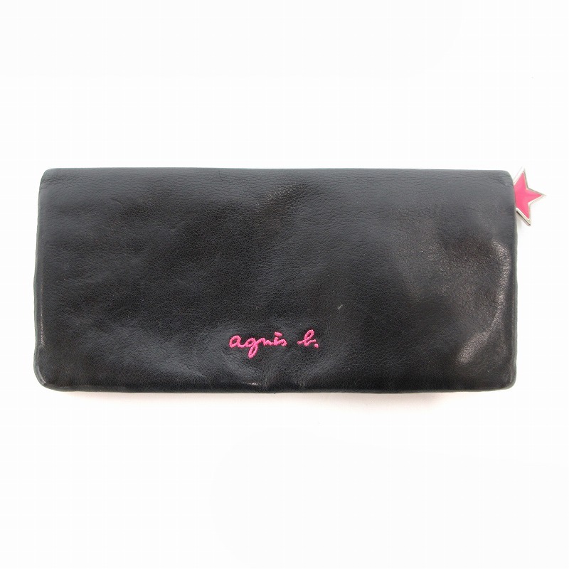 アニエスベー ボヤージュ Agnes b. VOYAGE 長財布 ロゴ刺繍 レザー 黒 ブラック /JS レディース拍卖