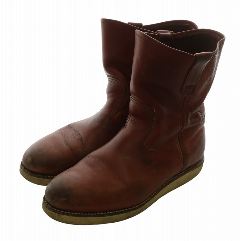 レッドウィング REDWING 90s 四角犬タグ ペコスブーツ ショート レザー ラウンドトゥ ロゴ 9.5 27.5cm 茶色 ブラウン ■GY12 メンズ拍卖