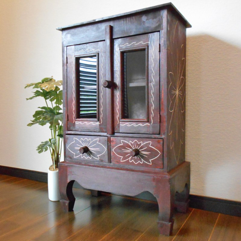 アジアン家具 バリ家具 花柄模様 猫足 キャビネット 収納家具 完成品家具 リビング ダイニング アジアンインテリア アンティーク風 南国拍卖