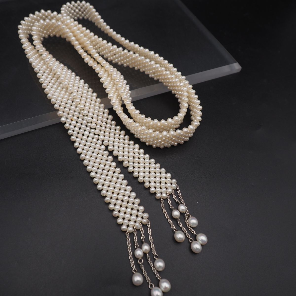 B410 淡水真珠 パール ラリエット ロング ネックレス 編み込み フリンジ デザイン シルバー 6月誕生石拍卖