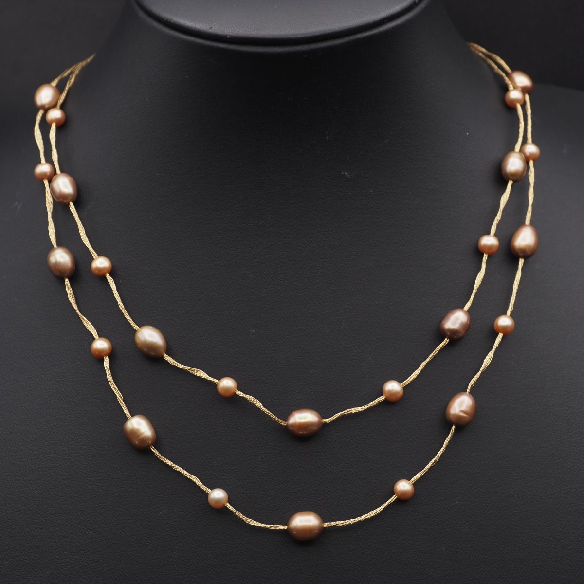 B347 淡水真珠 パール 925刻印 ネックレス ブラウン系カラー 2連 ゴールド デザイン シルバー 6月誕生石拍卖